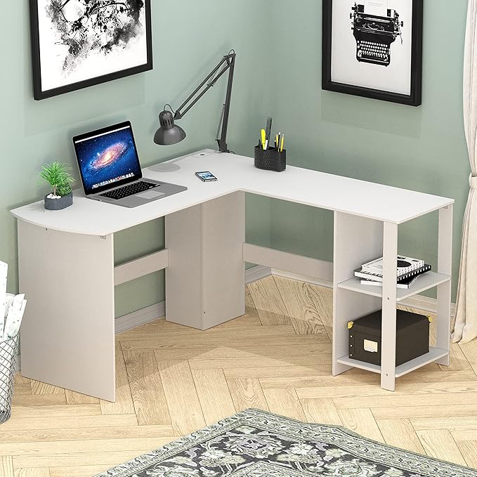 SHW 51 x 51 Inches L-Shaped Home Office Wood Corner Desk wtih Storage White