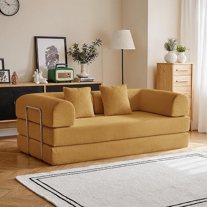 87'' Convertible Compressed Corduroy Folding Cloud Sofa Bed Modern Modular Boneless Pull Out 3 Seater Sleeper in a Box 5 in 1 Foldable Floor Mattress Couch No Assembly Need Yellow Pillows King