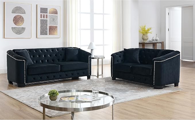 2 Piece Modern Chesterfield Velvet 77 3-Seater+59 Loveseat Sofa Set Upholstered Tufted Backrests with Nailhead Arms and 4 Cushions for Living Room Bedroom ApartmentBlack