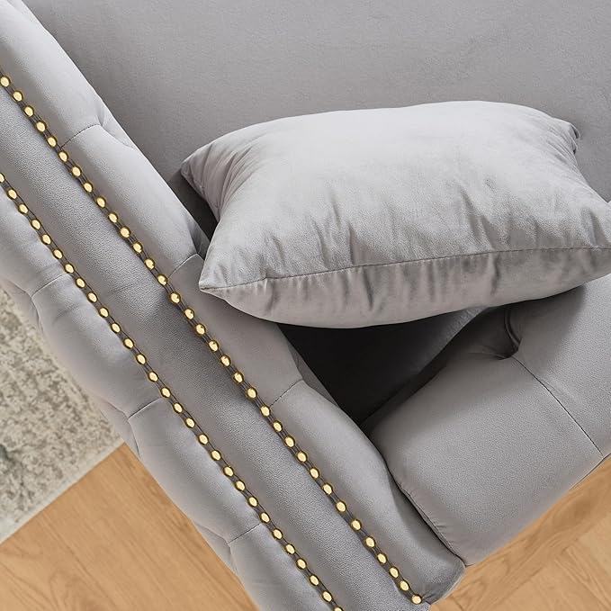 DEINPPA 2 Piece Chesterfield Couch Sets Velvet 3 Seater Sofa Set with Throw Pillows Comfy Couch with Nailhead Trim and Metal Legs for Living Room/Apartment/Office-Grey