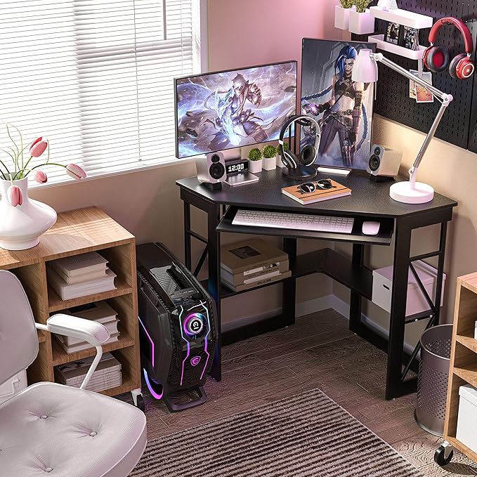 VECELO Corner Desk Computer Desk Writing Table with Smooth Keyboard Tray &amp Storage ShelvesCompact Home Office Triangle TableBlack