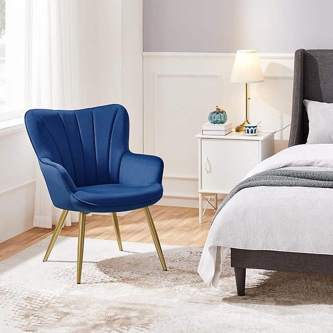 Yaheetech Velvet Accent Chair Modern Armchair Vanity Chair with Wing Side and Metal Legs Cozy and Soft Padded and High Back for Living Room/Home Office/Bedroom Blue
