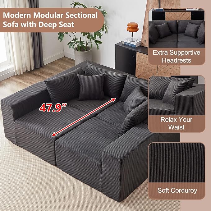104” Modular Sectional Sofa Cloud Sectional Couch with Deep Seat Modern Modular L-Shape Sofa Couch with Chaise Upholstered Couches Sleeper Sofa Bed for Living Room Bedroom (Corduroy Black)