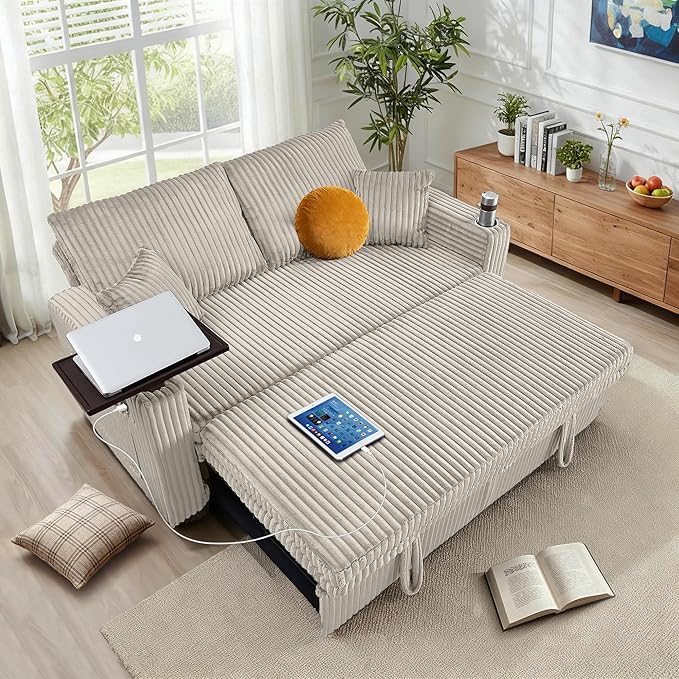 65in Sleeper Sofa Bed Convertible Pull Out Couch with Small Table| USB Port | Cup Holder | Corduroy Fabric | Adjustable Backrest for Apartment Office Bedroom Guest Room (LightGrey)