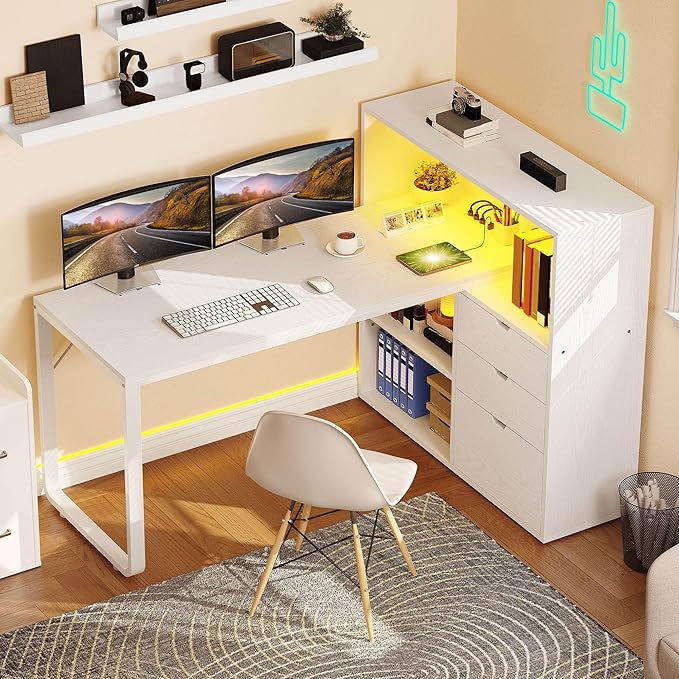 YITAHOME L Shaped Desk with Power Outlets 55 Computer Desk with Drawers &amp Bookshelf Home Office Desk with LED Lights Corner Desk with File Cabinet White