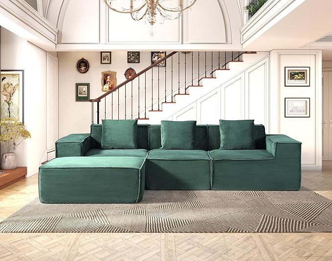 Rowan Convertible Corduroy Sectional Couch with Ottoman &amp Pillows Modular L Shaped Sleeper Sofa Boneless Cloud Couch for Living Room Furniture Dark Green