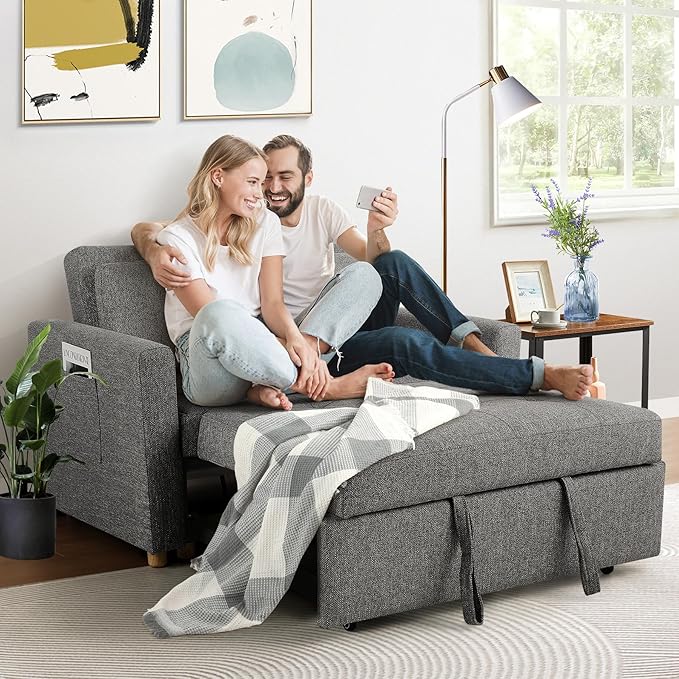 SEJOV Sleeper Sofa Bed 3-in-1 Convertible Sofa Chair Linen Fabric Pull Out Couch Bed Loveseat Sleeper with Spring Support Adjustable Backrest 2 Seater Recliner Chair for Small Space Dark Grey