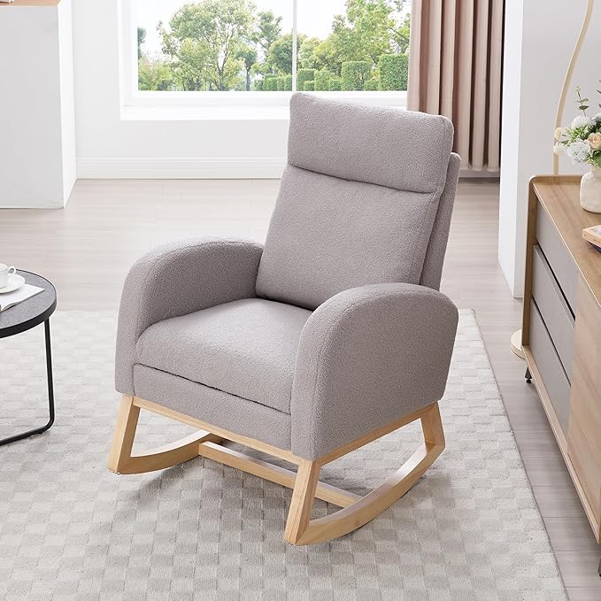 Setawix Teddy Rocking Glider Chair for NurseryUpholstered Living Room Rocker Arm ChairLeisure Sherpa Wingback ArmchairMid Century Modern Rocking Accent Chair with Side Pockets (Teddy Grey)