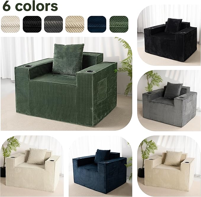 Cloud Single SofaChaise Lounge Chair with Cup Holder &amp Side PocketElevated Seat HeightNo Assembly RequiredBoneless Corduroy Chair for Small SpaceBedroomOffice (Green Single Sofa)