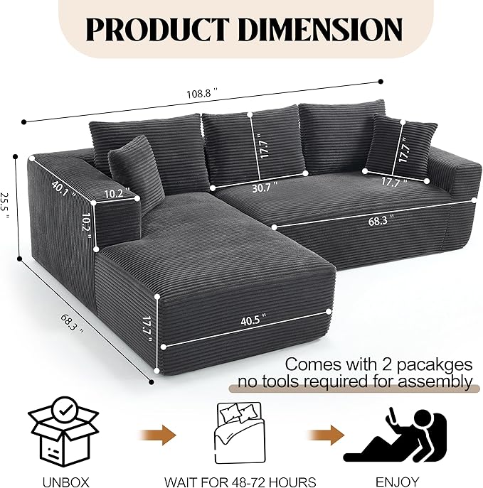 108.7'' Sectional CouchL Shaped CouchPlush Corduroy FabricUpholstered Couches for Living Room BedroomNo Assembly Required(Left Facing Chaise) Grey