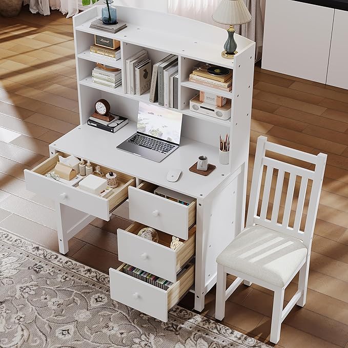 Wooden 40'' Home Office Desks with Bookshelf and Upholstered Chair Versatile Writing Desk Office Study Workstation with 4 Drawers and Storage Shelf for Office Study Room Bedrooms (White-Wood)