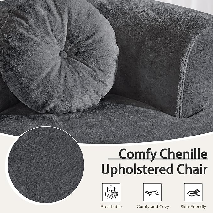 MELLCOM Oversized Swivel Accent Chair Modern Curved Back Single Sofa Chair Comfy All-Foam Compression Upholstered Round Armchair with PillowCozy Chenille Barrel Chair for Living RoomBedroom(Grey)