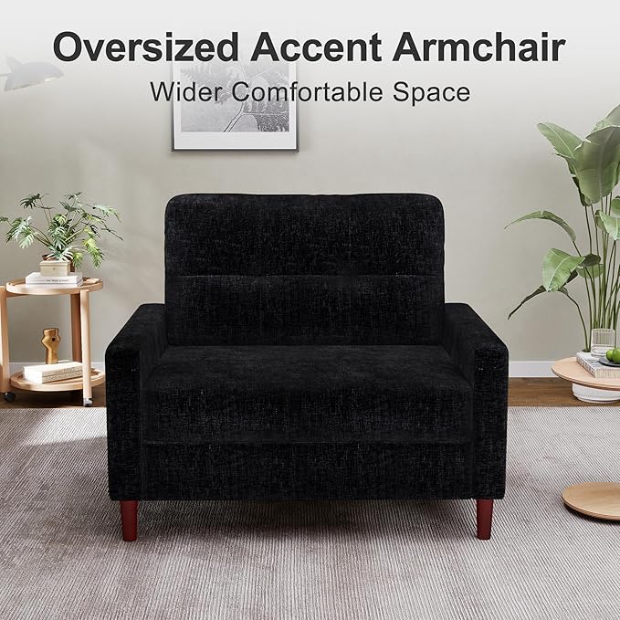Accent Chair for Living Room Oversized 39.5 Chenille Fabric Armchair Mid Century Modern Single Sofa Chair Comfy Reading Chair for Bedroom Apartment Waiting Room (Black 2 Pack)