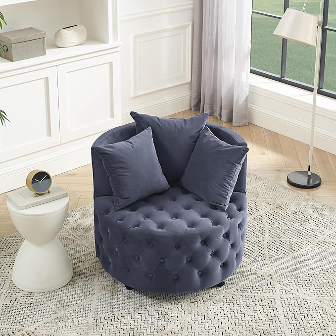 Velvet Upholstered Swivel Chair for Living Room with Button Tufted Design and Movable Wheels Including 3 Pillows Grey