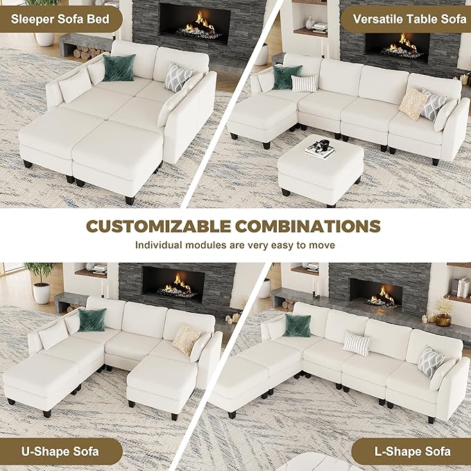 Modular Sectional Sofa Comfy Cloud Couch Sectionals Convertible Modular Couch with High Density Memory Foam 6 Seat U Shaped Sectional Couches for Living Room Washable Cover Beige | Comfortable C