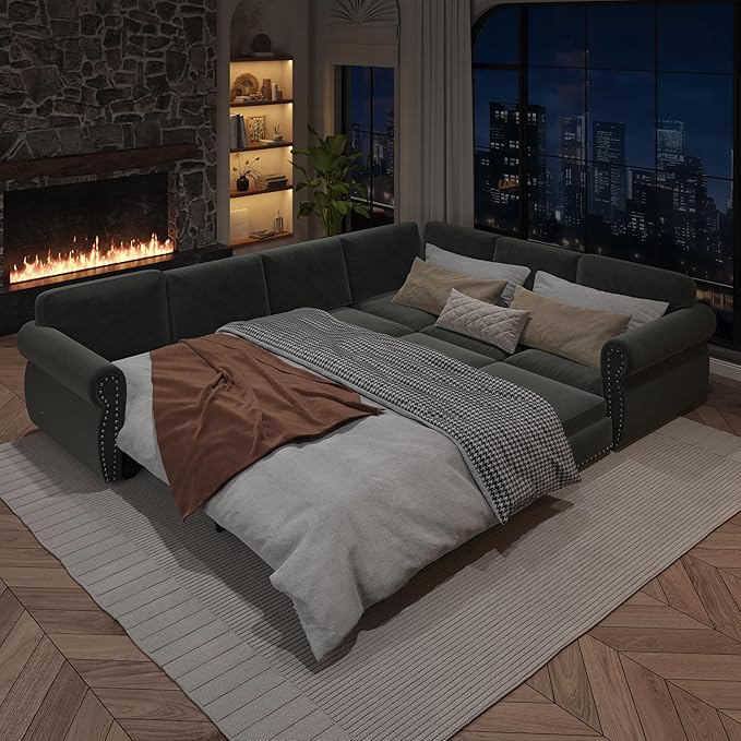 118 Sleeper Sofa Bed Sectional Couches for Living Room/Apartment Chenille L Shaped Couch with Pull Out Couch Bed Convertible Sectional Sofa with Rolled Arm &amp Nailhead Trim Dark Grey