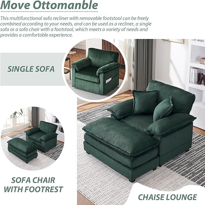 TTK Oversized Chaise Lounge Chair with Ottoman - 39.17 Wide Modern Sleeper Sofa for Living Room Bedroom &amp Office - Deep Seat Sectional Couch with Pillow Comfortable Reading ChairGreen