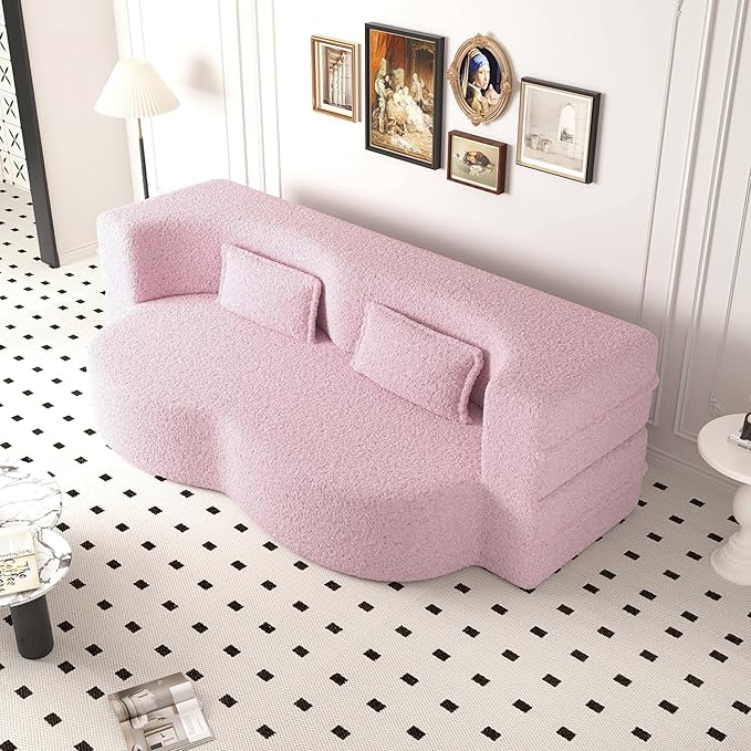 2 in 1 Folding Sofa Bed with 2 Pillows Teddy Fabric Foam-Filled Convertible Sleeper Sofa Floor Couch Full Mattress for Living Room Guestroom No Assembly Required Sofa Bed Pink