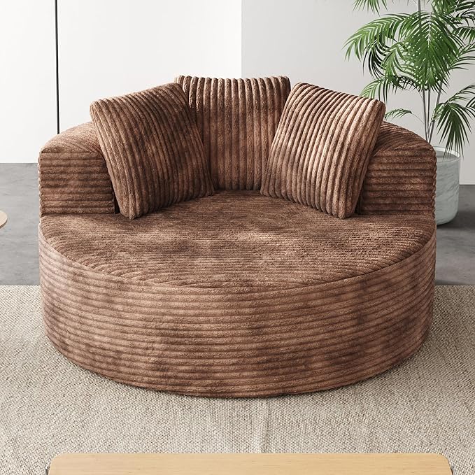 JACH Oversized Sofa Chaise with Three Pillows 50 Corduroy Deep Seat Single Sleeper Sofas Round Upholstered Lazy Floor Sofa for Living Room Apartment Brown