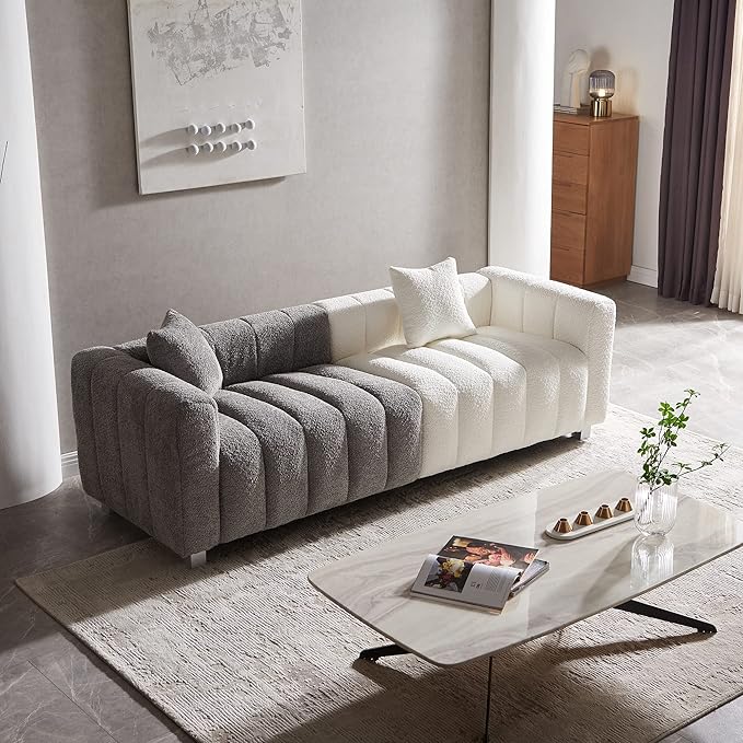 87.4'' Modern 3-Seater Sofa Bubble Couch for Living RoomTeddy Bouclé Velvet Deep Seat Sofa Couch Fluffy Loveseat Sofa with 6 Metal Base Legs for Bedroom/Home/Office(White-Grey)