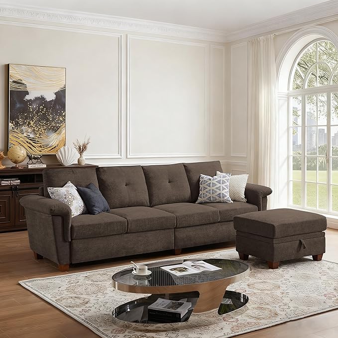 108 Sectional Sofa Convertible L Shaped Sofa with Ottoman and Large Storage 4 Seat Sectional Couch with Cup Holder Couches for Living Room Apartment Office (Brown)