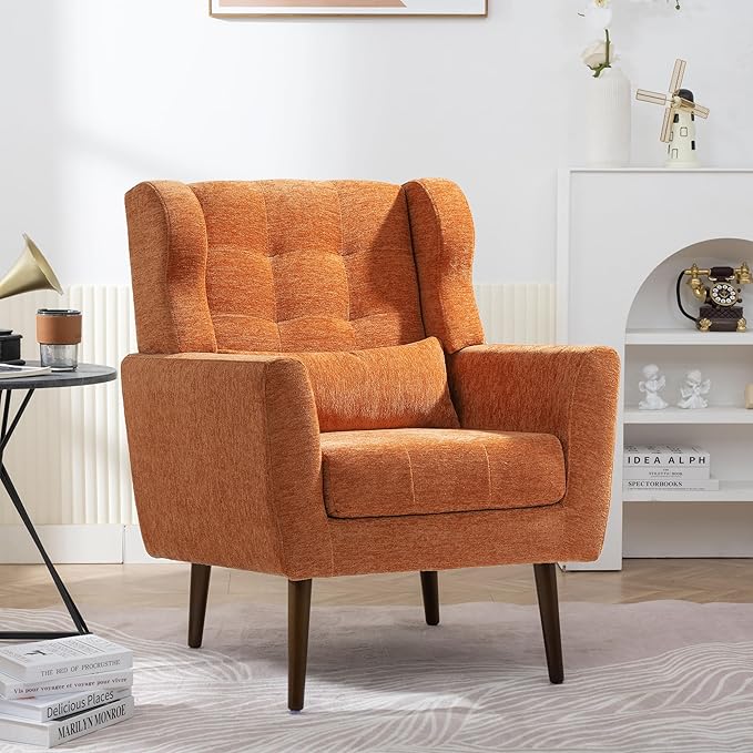 Generic Modern Accent ChairChenille Arm Chairs for Living RoomUpholstered Mordern ArmchairComfy Soft Padded Lounge Chair in Small Space Bedroom w/Pillow Solid Wood Leg (Orange)