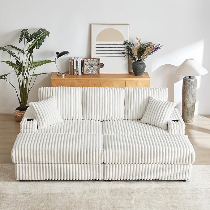 84 Oversized Double Chaise Lounge Indoor Modern Comfy Corduroy Sectional Couch with Ottoman Loveseat Sleeper Sofa Bed with Cup Holder Home Sofa Living Room Apartment (Beige)