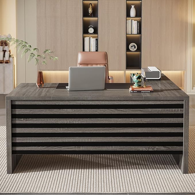 Tribesigns 62.2 Executive Desk with Mobile File Cabinet L-Shaped Office Desk with Storage Shelves Large Computer Table Business Workstation Set for Home Office Grey