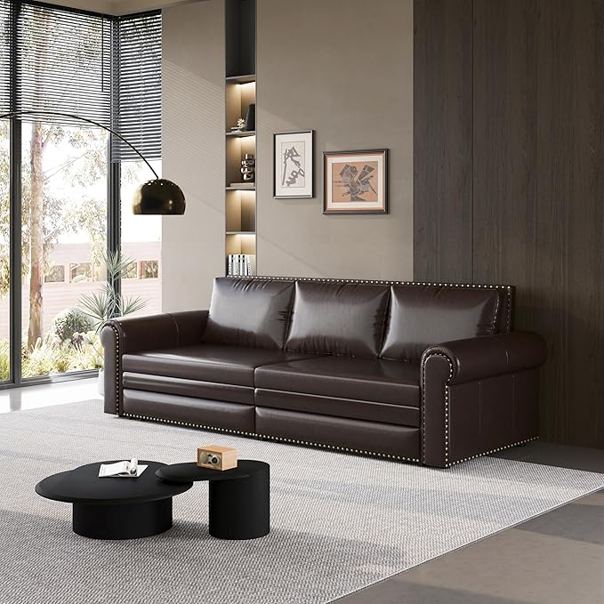 healthomse 93.7 King Size Pull Out Sofa Bed 3-in-1 Faux Leather Convertible Sleeper Sofa with Ultra Rolled Armrests Tufted Modern Sofa with 3 Pillows for Bedroom Living Room Apartment