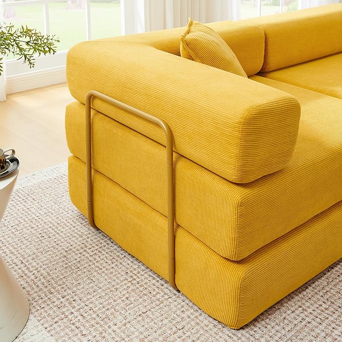 108 W Corduroy Modular Cloud Couch with Fixed-Shape Frame Oversized L-Shaped Sectional Sleeper Sofa Bed with Pull Out Bed No Assembly Modern Floor Boneless Couch for Living Room (Yellow)