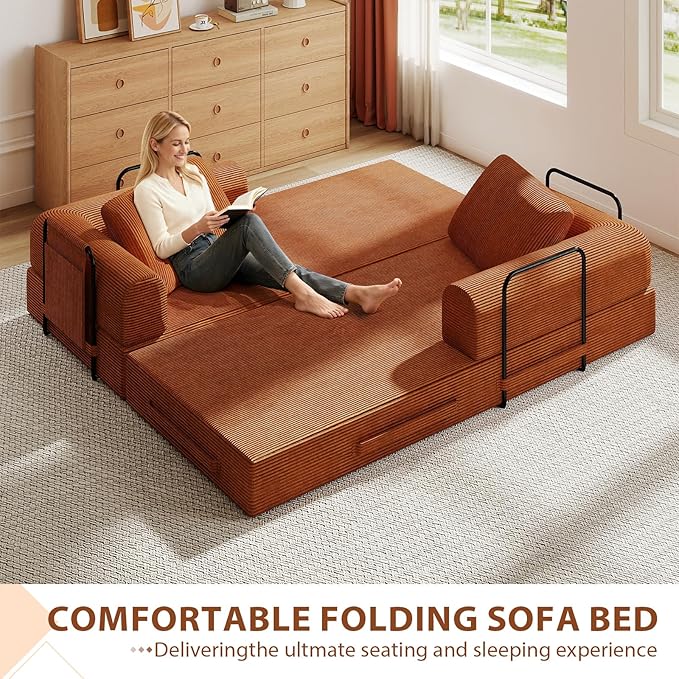 All-in-1 Folding Convertible Sofa Bed Boneless Futon Floor Couch Corduroy Fold Out Modular Lounge Comfy Loveseat Sleeper Lazy Cama for Living Room Bedroom Guestroom Orange（Narrow Stripes）