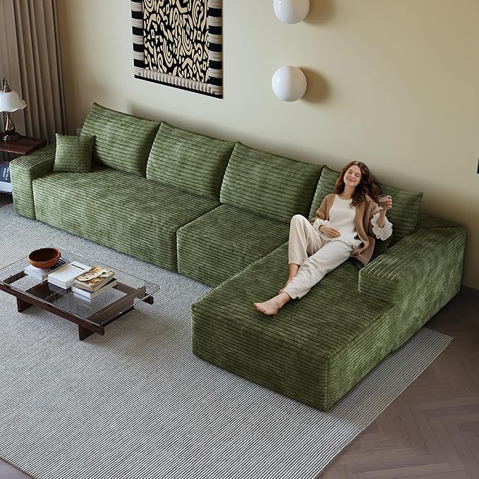 135.4 Boneless Couches for Living Room Modular Sectional Sofa with Oversized Chaise L-Shape Cloud Couch with Deep Seat High-Density Memory Foam No Assembly Required (Green Right Facing Chaise)