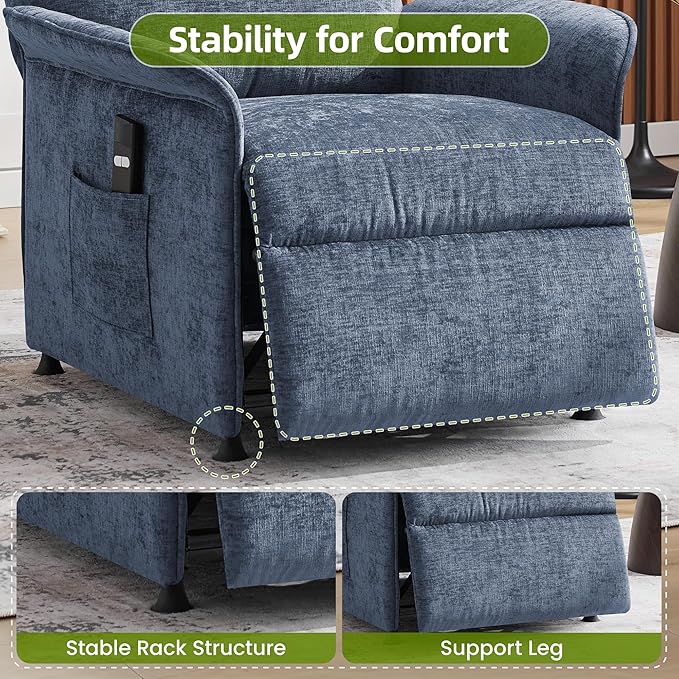 Power Recliner Chair with Remote Control 21 Wide Seat Small Recliners with Side Pocket for Adults Thick Cushions Chair for Living Room &amp Bedroom Blue