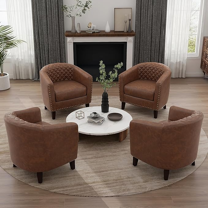 UIXE Faux Leather Barrel Accent Chairs Set of 4 Modern Club Upholstered Arm Chair Comfy Armchair Nailed Trim Living Room Single Sofa Reading Seat Bedroom Side Sitting for Office Brown