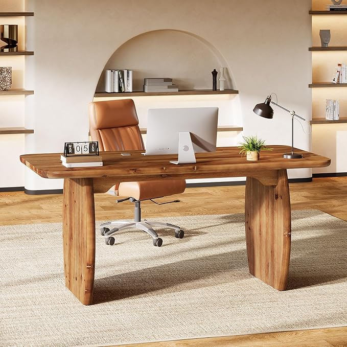 63-Inch Solid Wood Executive Desk Large Office Computer Desk with Sturdy Wooden Legs Farmhouse Writing Table Business Workstation for Home Office Brown