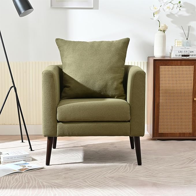 Modern Upholstered Accent Chair Mid-Century Lounge Armchair with Pillow Comfy Reading Side Accent Chairs Single Sofa Chair with Wood Legs for Living Room Bedroom (Olive Green+Fleece)