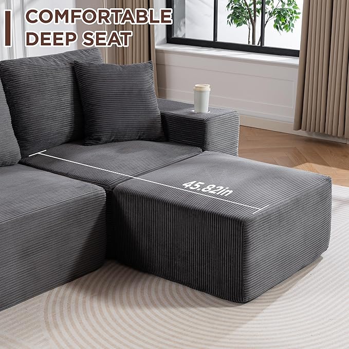 110Modular Sectional Sofa CouchesConvertible L-Shape Cloud Couch 3 Seat Oversized Chaise with OttomanCompressed FoamComfy BonelessSide PocketsCup Holders for Living RoomApartmentCorduroy Grey