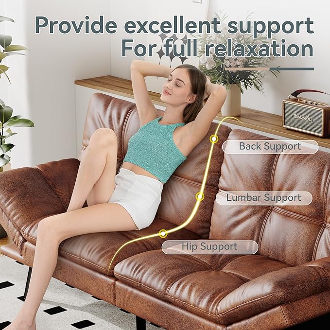 Futon Sofa Bed Convertible Couch Brown Faux Leather Sofa Bed with Memory Foam Adjustable Backrest &amp Armrests Multifunctional Small Loveseat Sleeper Sofa for Living Room Apartment Office
