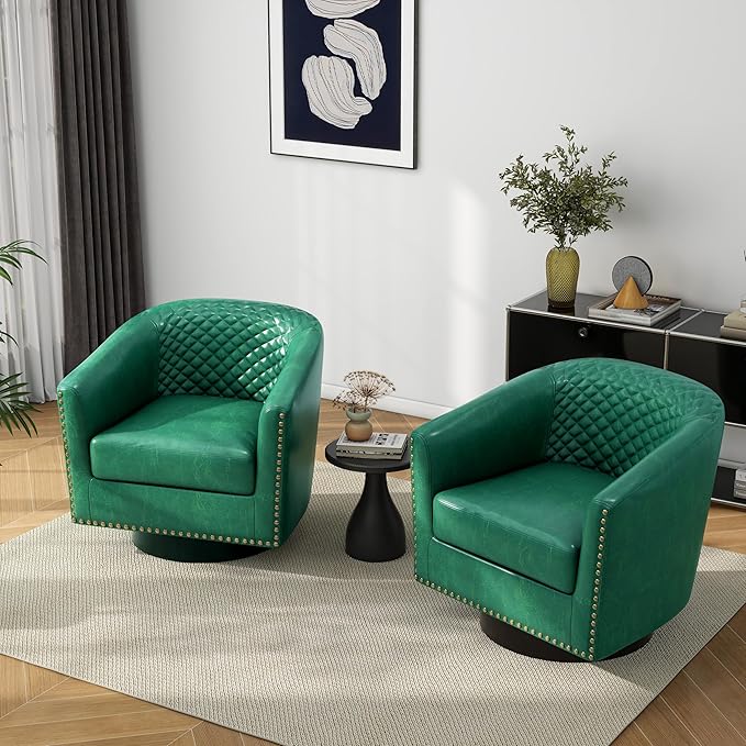 Pia Ricco Faux Leather Swivel Barrel Accent Chairs 360° Swivel Round Single Sofa Chair Comfy Upholstered Club Armchair with Nailhead Trim for Living Room/Reading Room/Bedroom Green