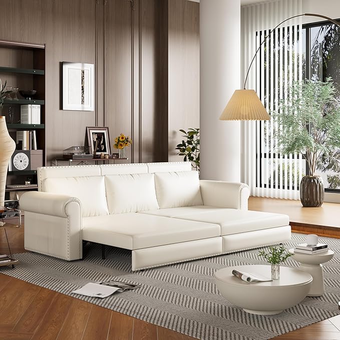 93.7 Chesterfield 3 Seater Pull Out Sofa Bed King Size with Pillows PU Leather 3-in-1 Convertible Sleeper Couch with Nails Trim Space Saving for Living Room Cream White