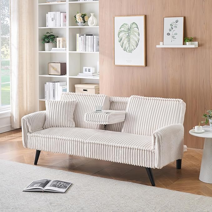 72'' Fabric Loveseat Sofa Comfy Corduroy Couch with 2 Embedded Teacup Holders 2 Seater Sofa with Adjustable Backrest Modern Small Convertible Futon Sofa Bed for Living Room Apartment (White)