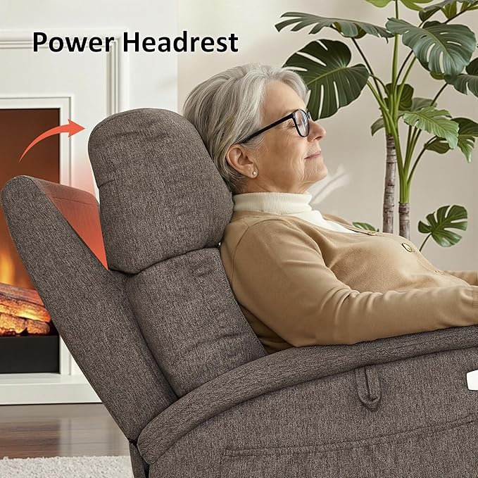 MCombo Power Lift Recliner Chair with Massage and Dual Heating Adjustable Headrest Extended Footrest for Elderly People Fabric R7605 (Mocha)