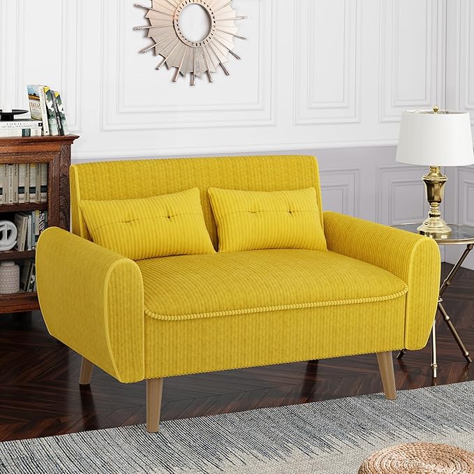 Shintenchi 47 Small Modern Loveseat Couch Sofa Fabric Upholstered 2-Seat Sofa Love Seat Furniture with 2 Pillows Wood Leg for Small Space Living Room Bedroom Apartment Yellow