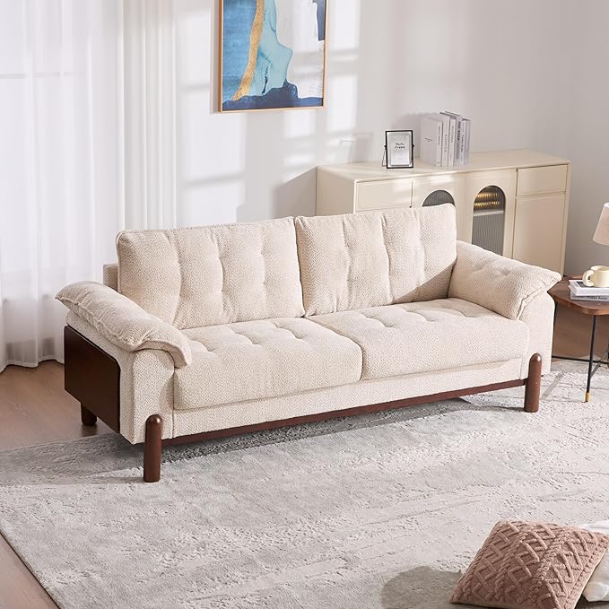 Merax 83.5 Oversized Loveseat Sofa Mid-Century Modern Tufted Boucle Upholstered 3-Seater Couch with Wooden Frame &amp 2 Pillows Cozy Leisure Couches for Living Room Office Breathable Material Be