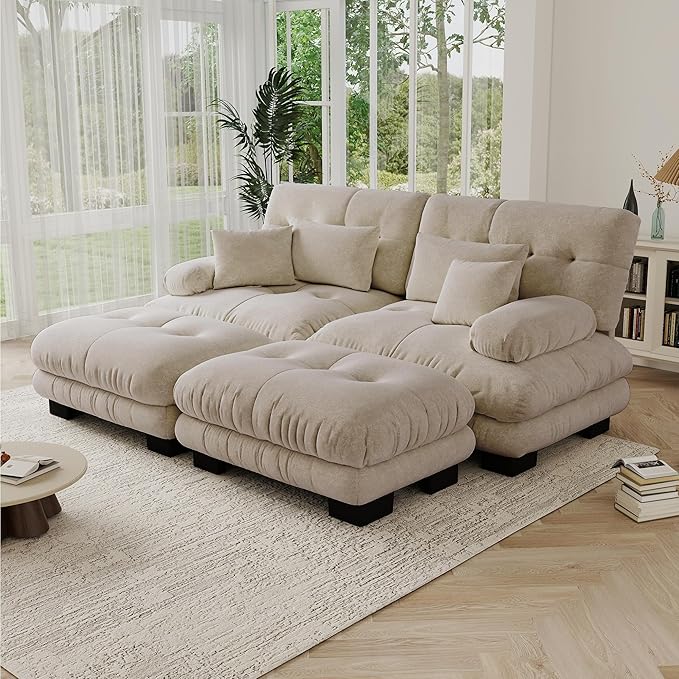 Convertible Modular Sectional Sofa 94.4 Modern U Shaped Cloud Couch with Ottoman Comfy 2 Seater Loveseat Sleeper Sofa with Deep Seat Oversized Upholstered Chenille Couches for Living Room