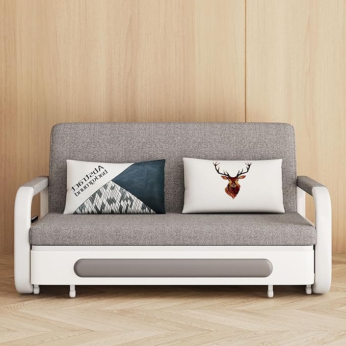 Pull-Out Sofa Daybed with Trundle - Versatile Futon Sleeper Couch for Living Room and Small Spaces (34.6 D x 50.3 W x 34.2 H)- Gray/White Sofa Bed