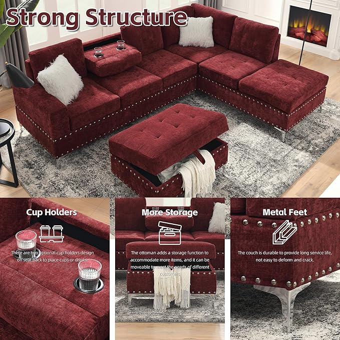 Yoglad 108'' Chenille Sectional Couches for Living Room Modular 5-Seater Couch Sofa with Reversible Chaise &amp Cup Holders L-Shaped Corner Sofa with Storage Ottoman for Living Room Apartment(Red)