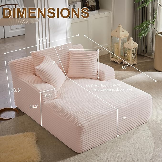 Avenix 66 Oversized Boneless Chaise Lounge Chairs Indoor Corduroy Chaise Lounges Chairs Indoor Comfy Reading Chair Cloud Sleeper Lounging Chair Sofa Couch Bed with 3 Pillows for Living Room Pink