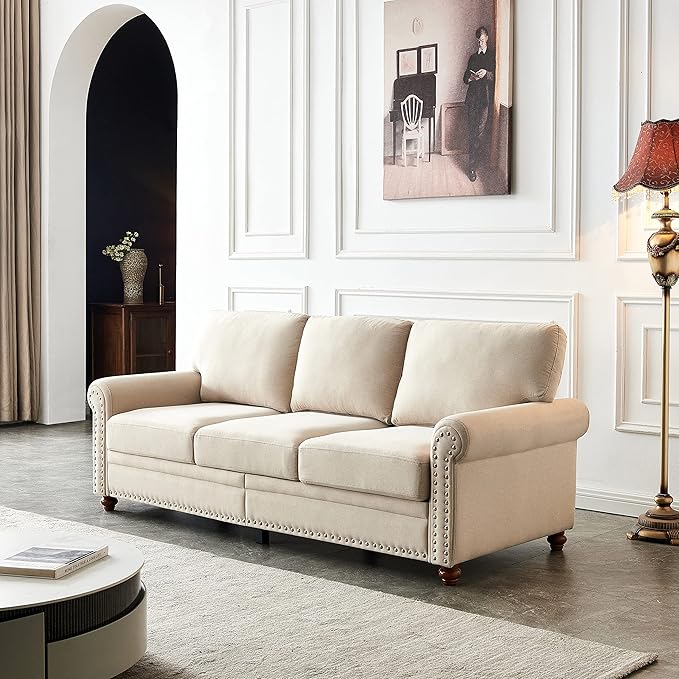 82.68 Chesterfield Couch Sofa with Storage for Living Room Nailhead Trim Rolled Arms 3 Person Seaters para Sala Family Apartment Room Plush Cushion Beige