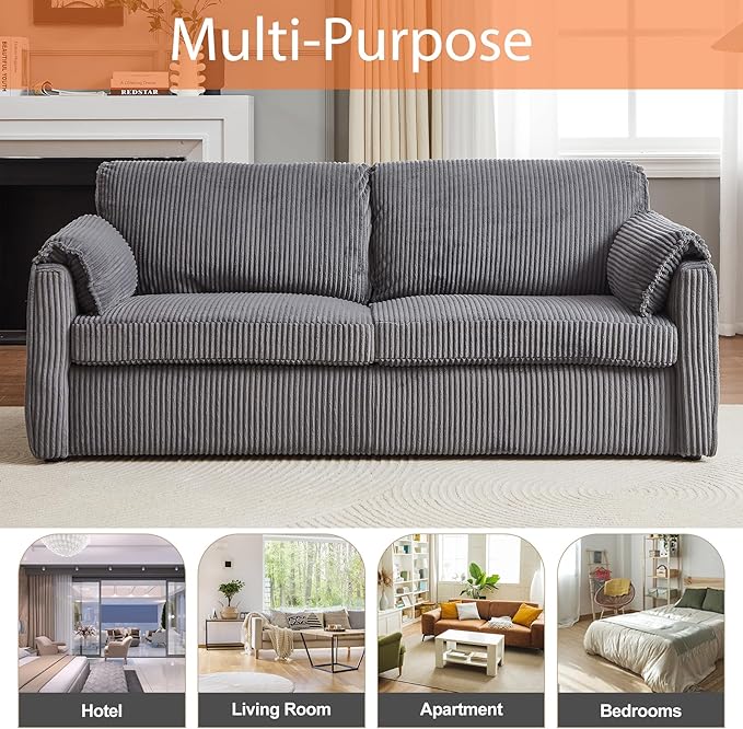 Pull Out Sofa Bed Corduroy Queen Sleeper Sofa Couch with Foam Mattress Large Sleeper Pullout Couch Bed for Living Room Office Queen Size (Grey)